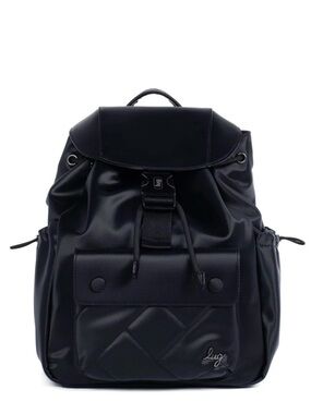 Lug Wiffle Satin Lux Vegan Leather Black Quilted Pocket Backpack with Drawstring